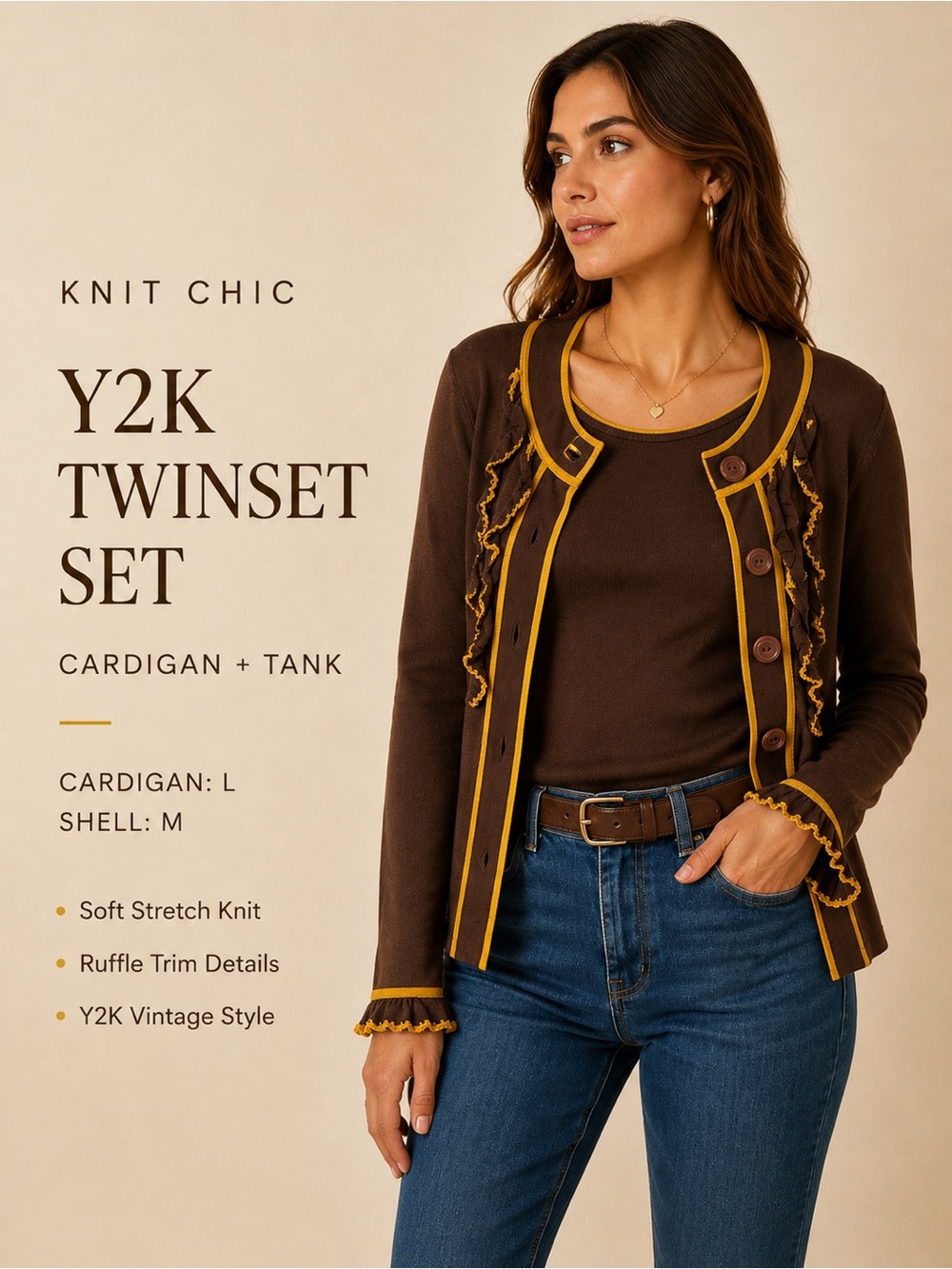 Knit Chic Y2K Ruffle Twinset Cardigan Tank Set Brown Mustard M/L